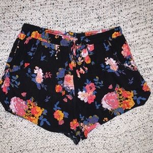 Black and Floral Soft Tie Shorts